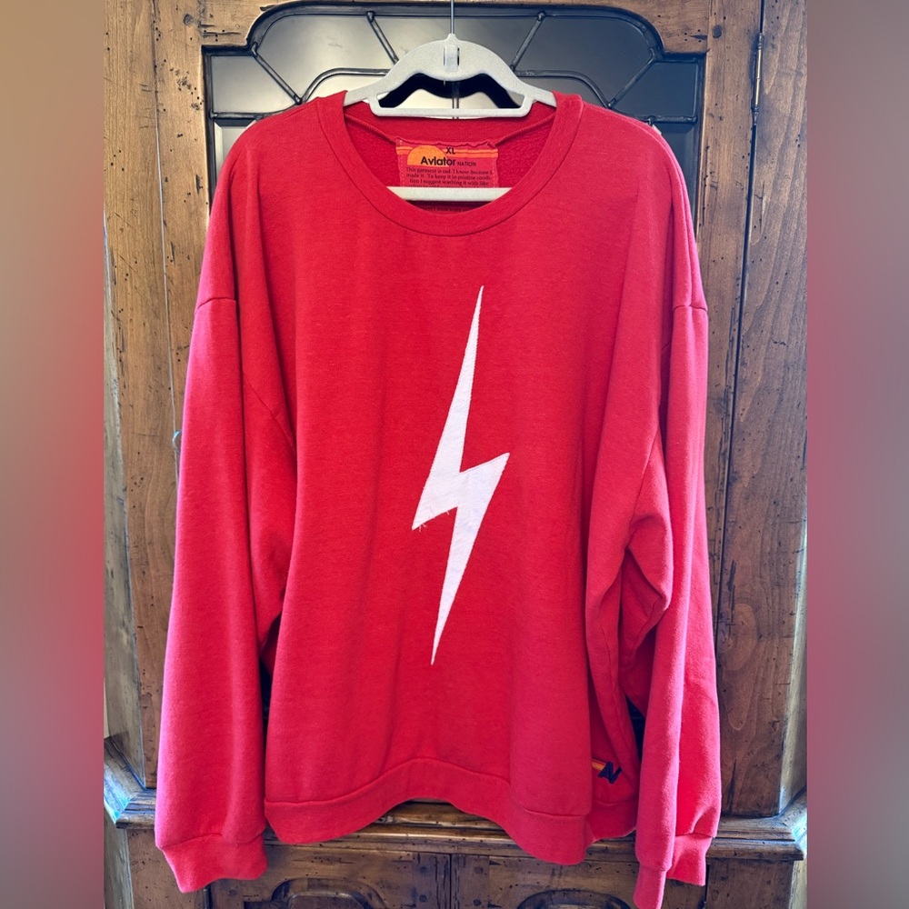 Aviator Nation Red Crewneck with White Lightning Bolt Size XL